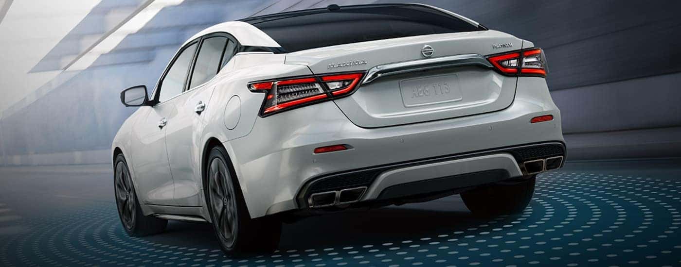 A white 2021 Nissan Maxima is shown from the rear driving on an open road.