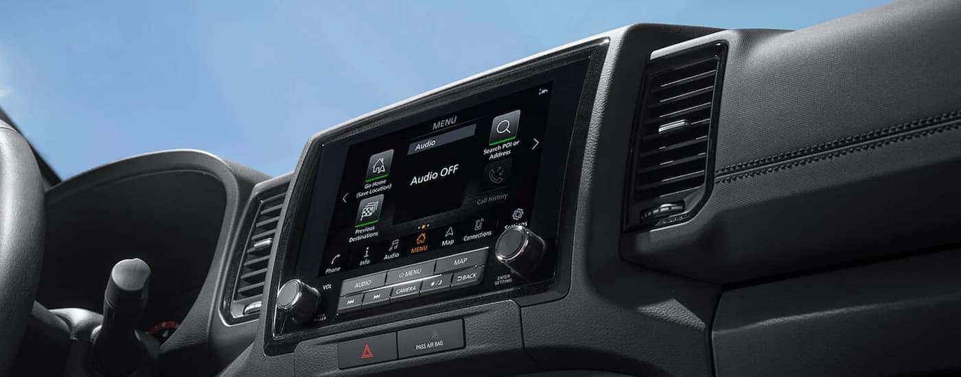 A close up of the infotainment screen of a 2022 Nissan Frontier is shown.