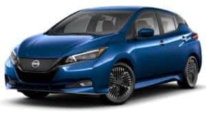 A blue 2023 Nissan LEAF is shown angled left.