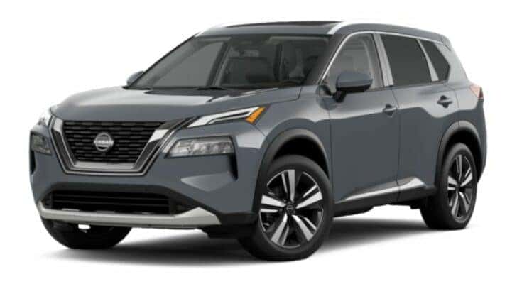 A grey 2023 Nissan Rogue Platinum is angled left.