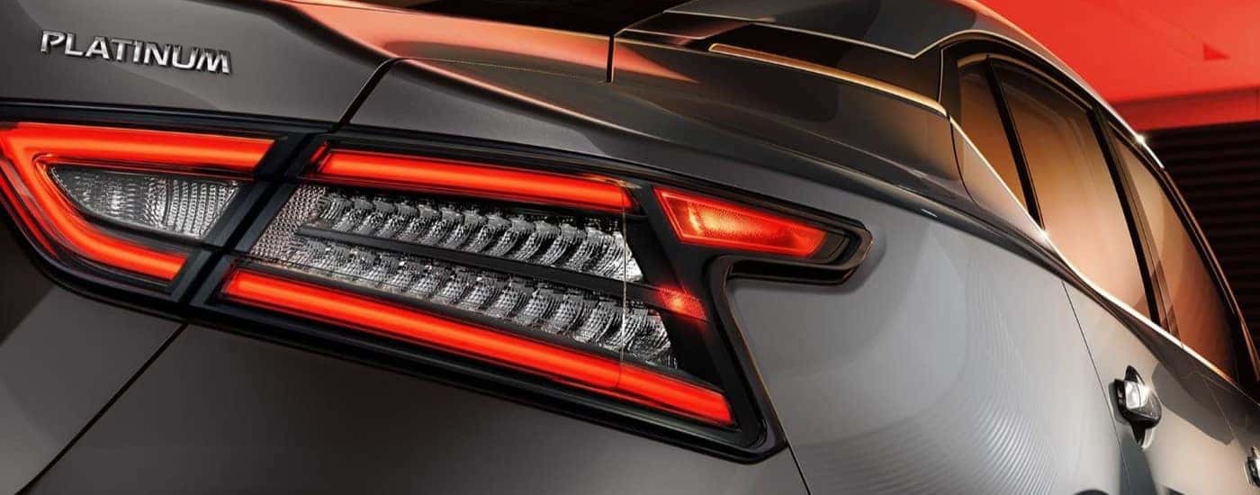 A close up shows the driver side taillight on a grey 2023 Nissan Maxima Platinum.