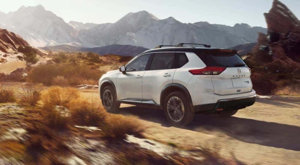 Rear view of a white 2025 Nissan Rogue Platinum AWD driving through an arid landscape.