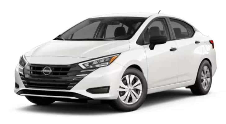 A white 2025 Nissan Versa S is angled left.
