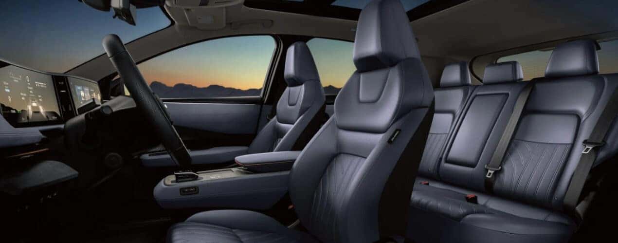 Black leather seating is shown in a 2025 Nissan ARIYA.