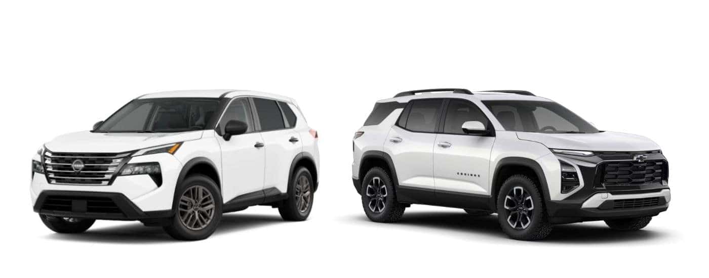 A white 2025 Nissan Rogue and a white 2025 Chevy Equinox facing opposite directions.