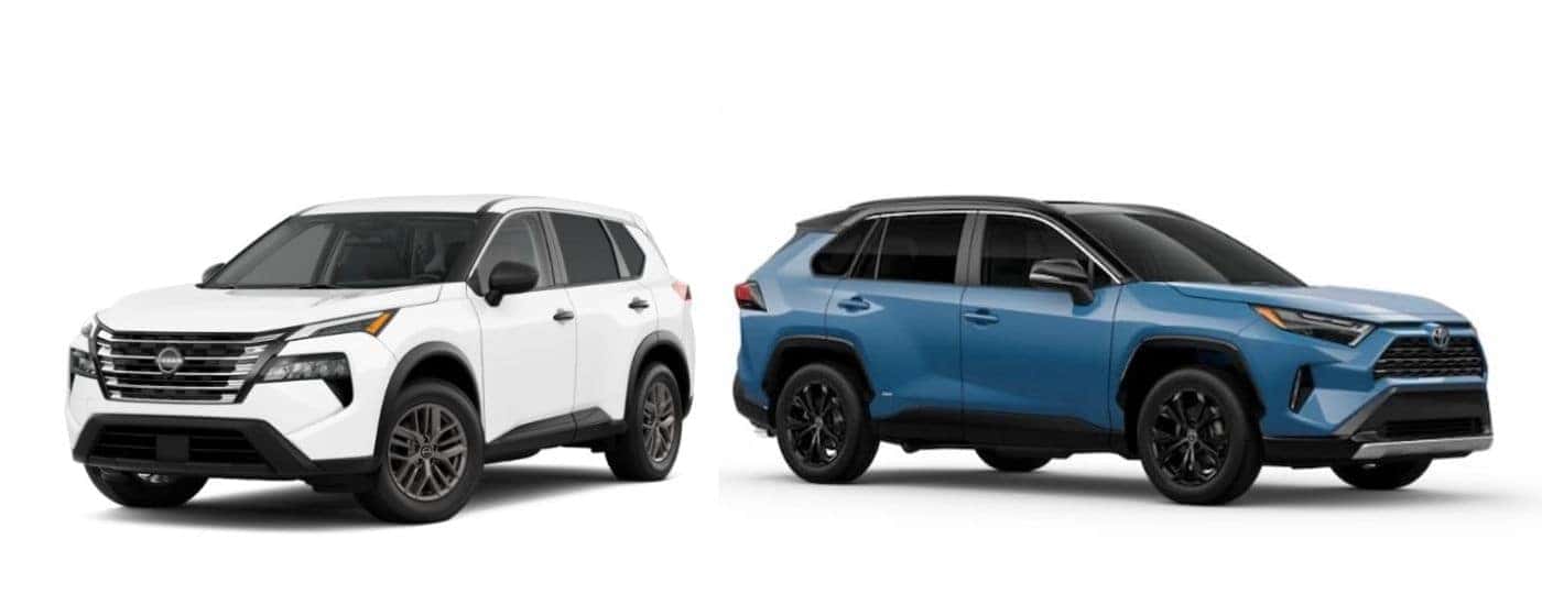A white 2025 Nissan Rogue and a blue 2025 Toyota RAV4 facing opposite directions.
