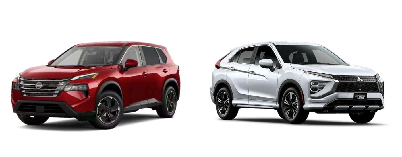 Red 2025 Nissan Rogue and white 2025 Mitsubishi Eclipse Cross.