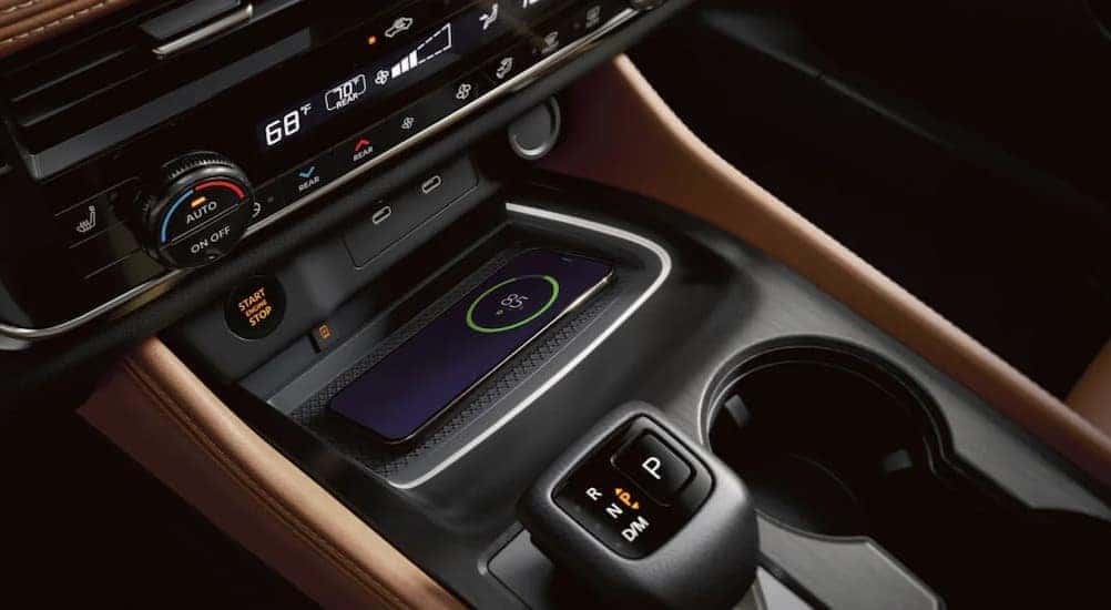 Close-up of the center console in a 2025 Nissan Rogue.