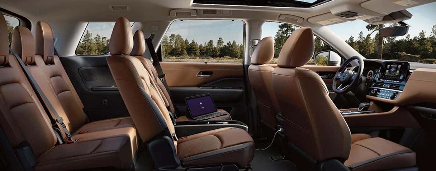 The brown interior of a 2025 Nissan Pathfinder.