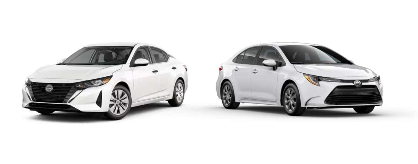 A white 2025 Nissan Sentra vs a white 2025 Toyota Corolla