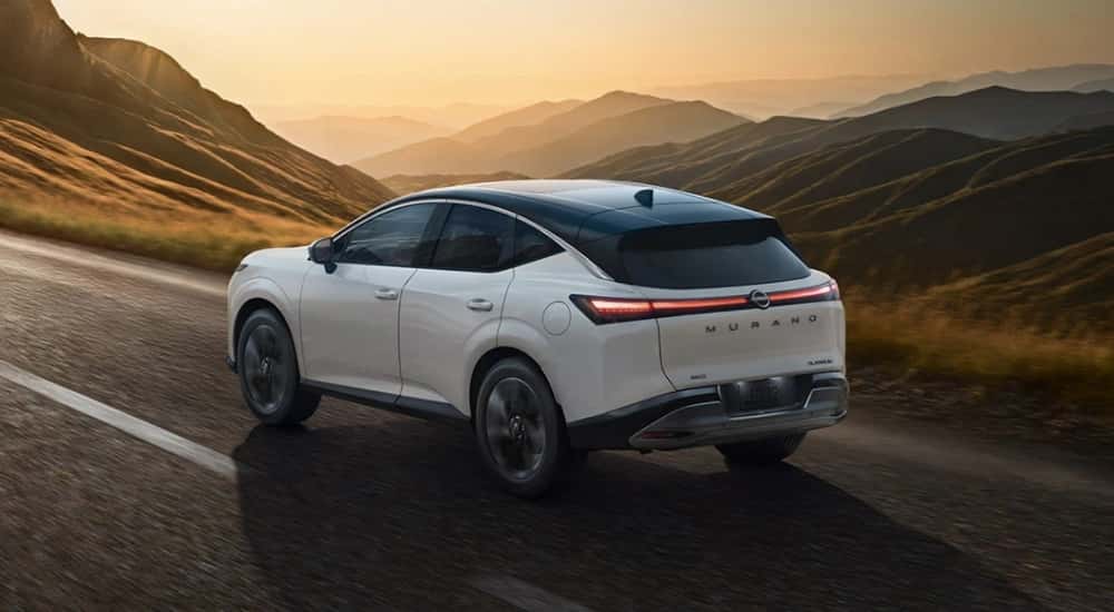 A white 2025 Nissan Murano from the rear at an angle.