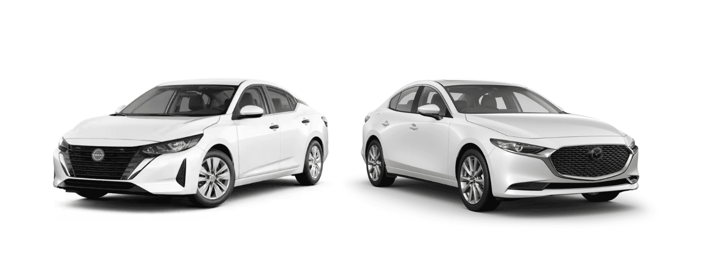A white 2025 Nissan Sentra vs a white 2025 Mazda3