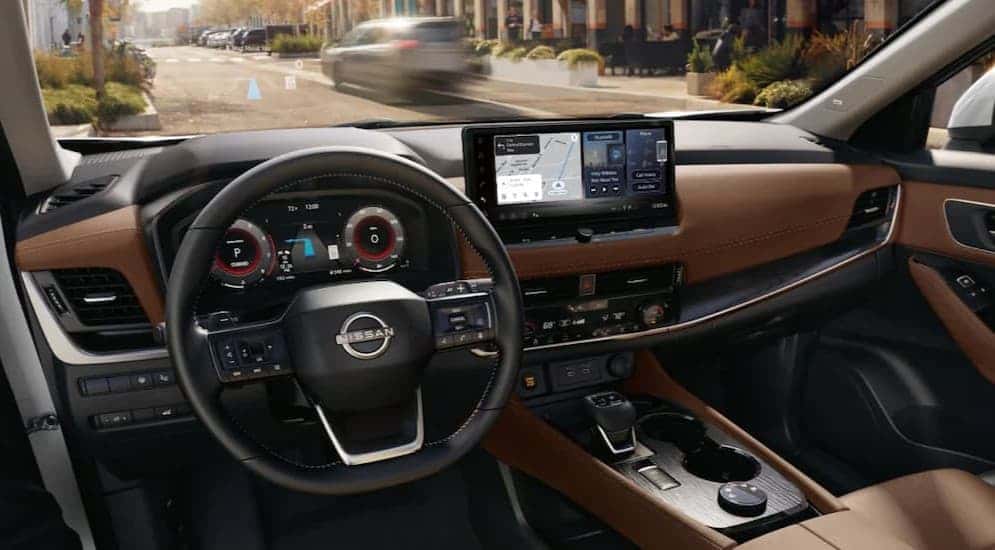 The black and brown dash in a 2026 Nissan Rogue.