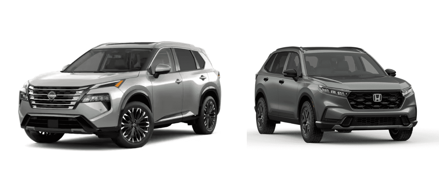 A silver 2026 Nissan Rogue Platinum next to a 2026 Honda CR-V