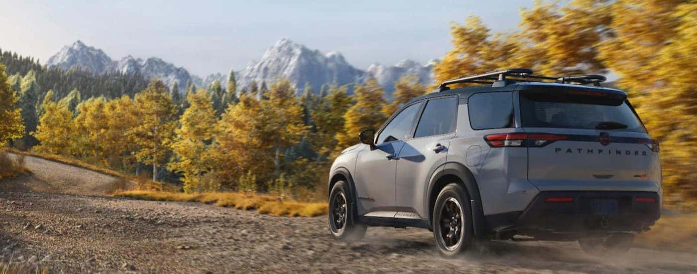 A gray 2026 Nissan Pathfinder driving off-road. 