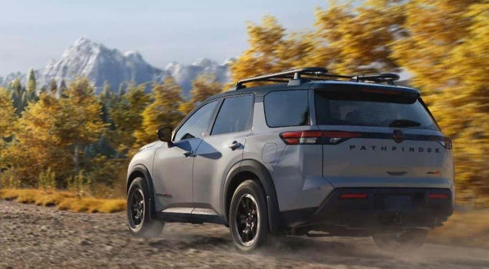 A gray 2026 Nissan Pathfinder driving offroad.