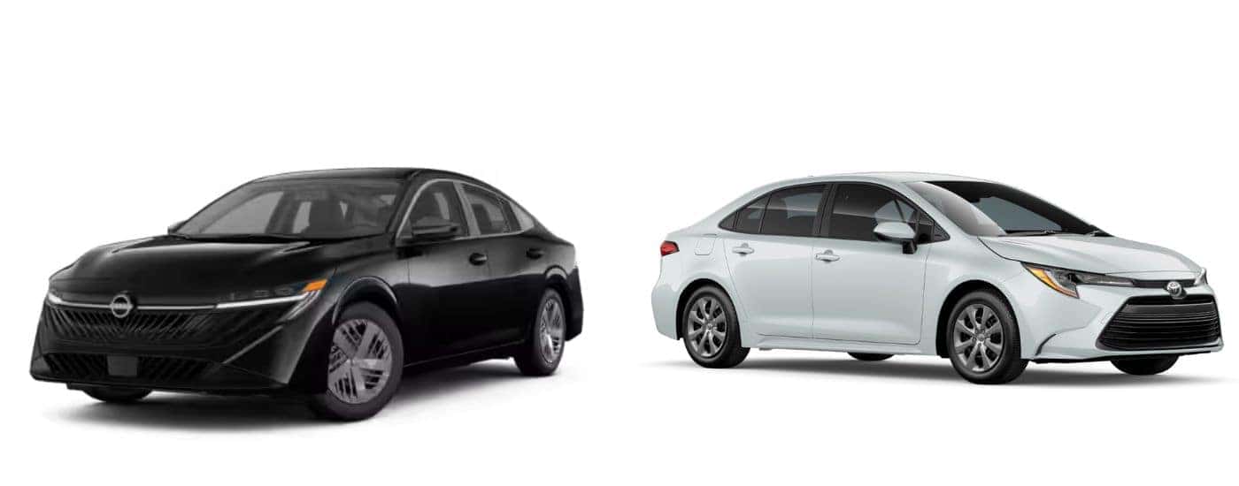A black 2026 Nissan Sentra vs a white 2026 Toyota Corolla.