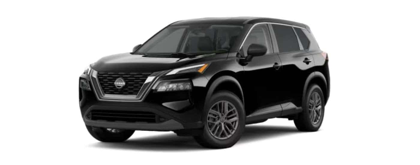 Black 2021 Nissan Rogue angled left.