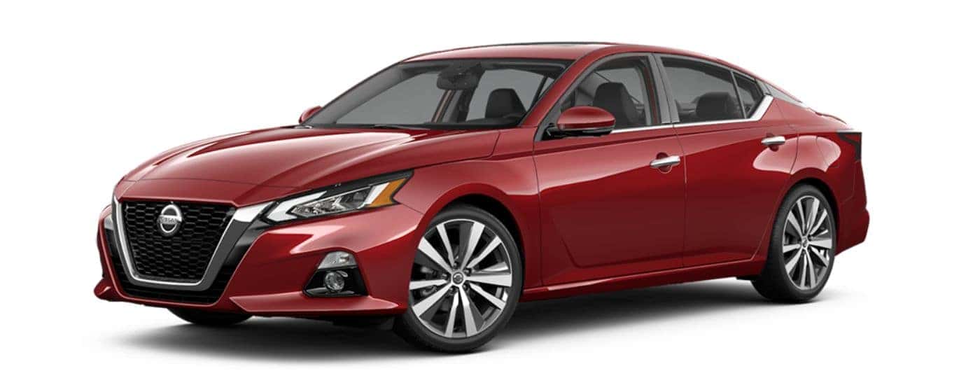 Red 2021 Nissan Altima angled left.