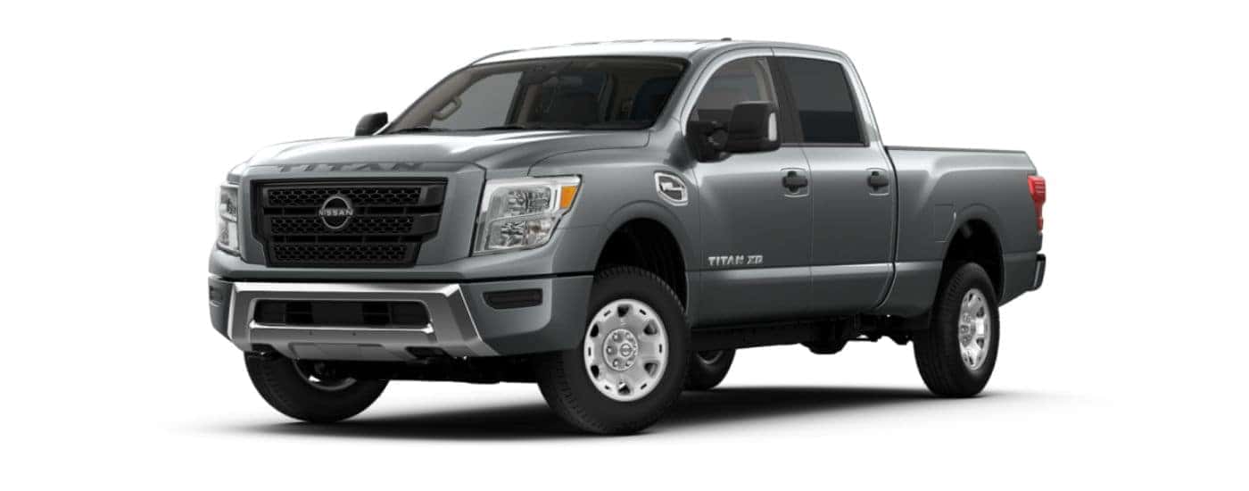 Grey 2021 Nisan Titan XD angled left.