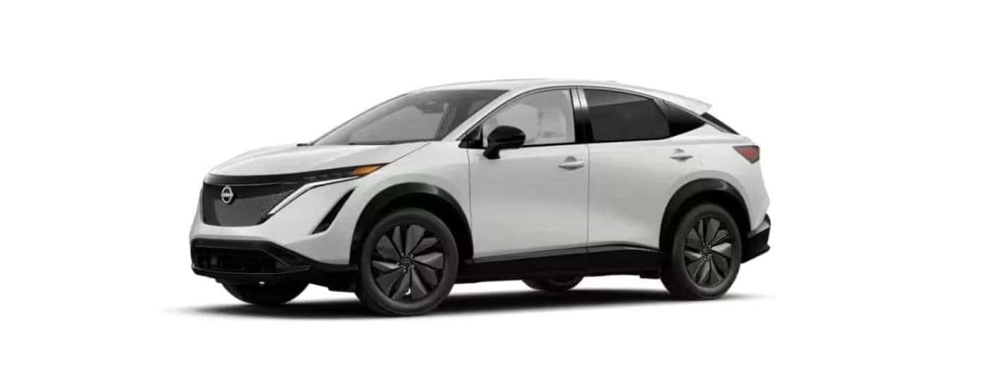 White 2025 Nissan ARIYA angled left