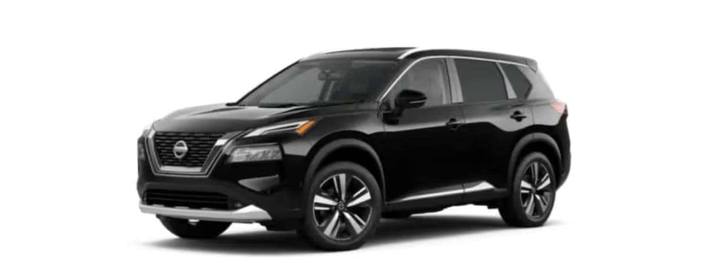 A black 2022 Nissan Rogue with a white background.