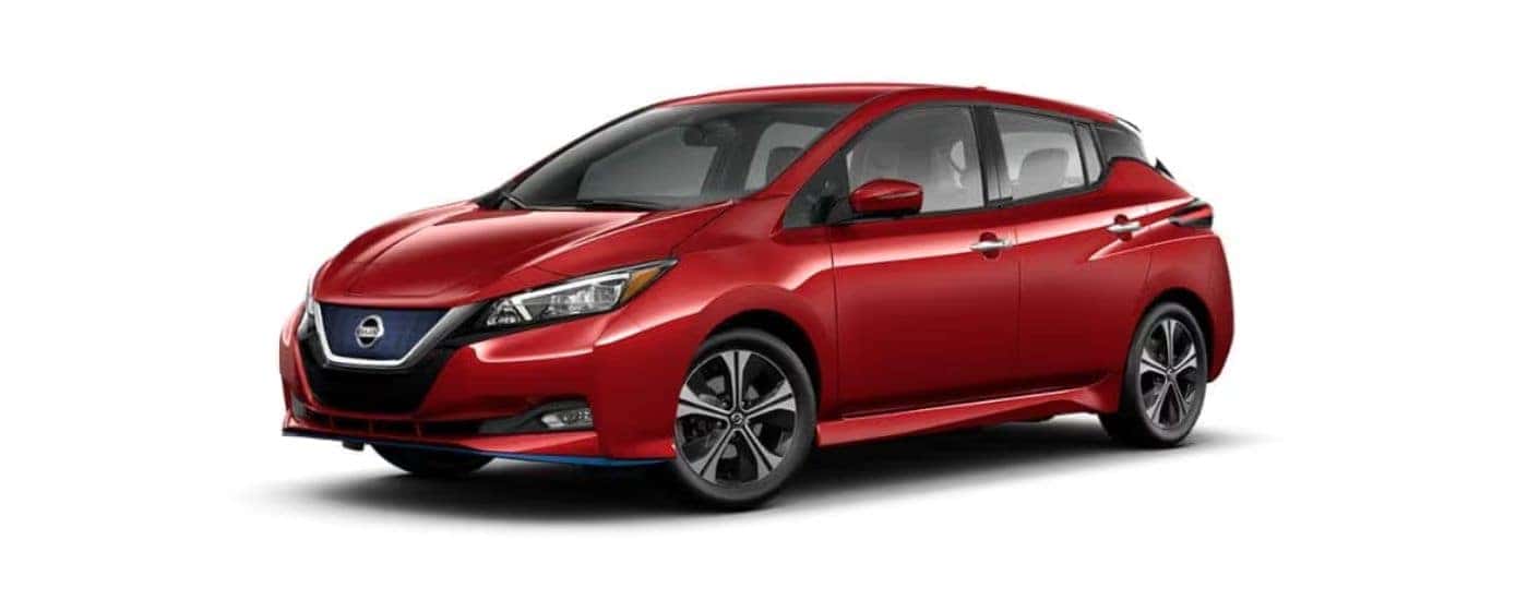 A red 2022 Nissan LEAF with a white background.