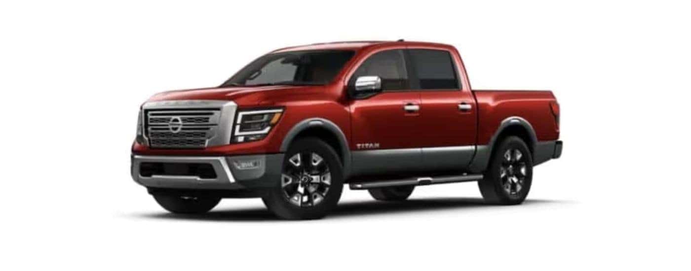A red 2022 Nissan Titan with a white background.