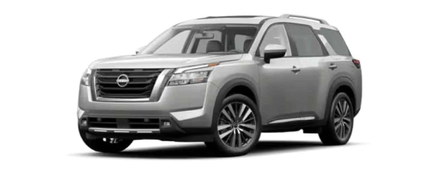 A silver 2022 Nissan Pathfinder with a white background.