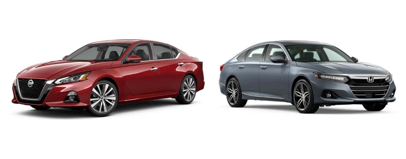 Red 2022 Nissan Altima angled left and grey 2022 Honda Accord angled right