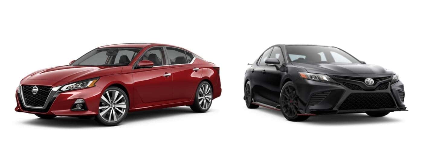 Red 2022 Nissan Altima angled left and black 2022 Toyota Camry angled right