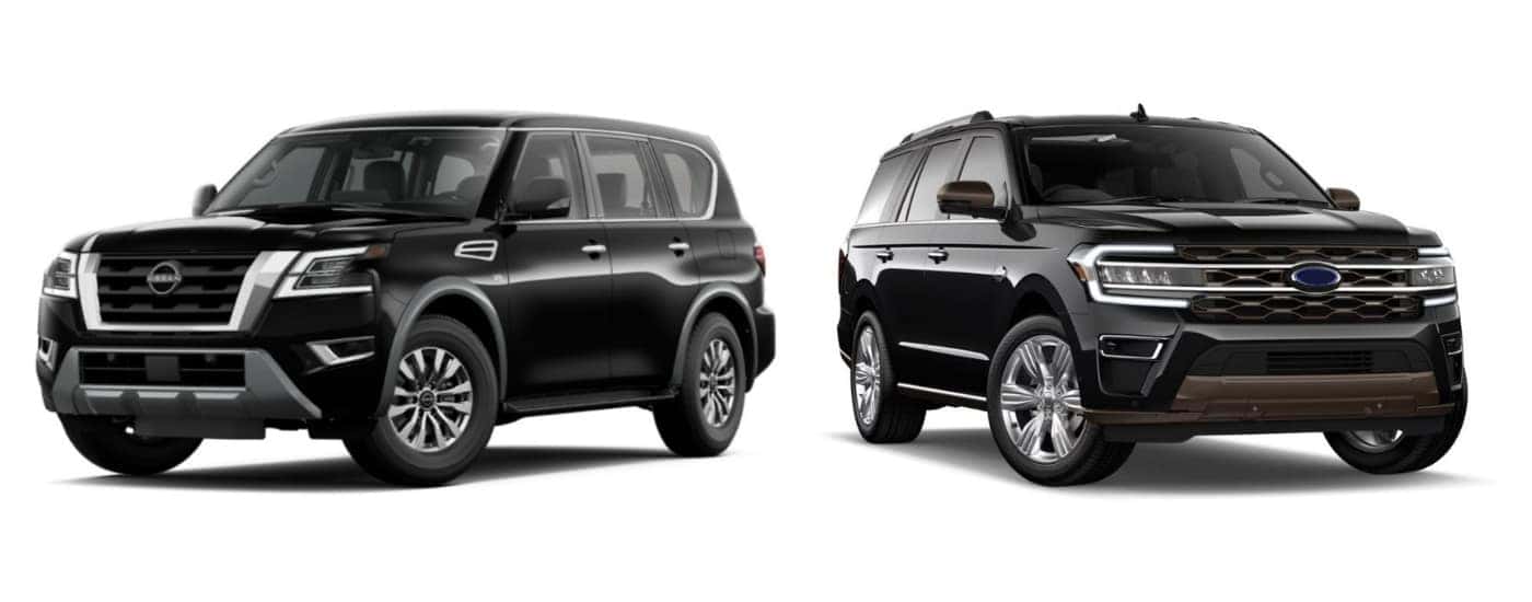 Black 2022 Nissan Armada angled left and black 2022 Ford Expedition angled right