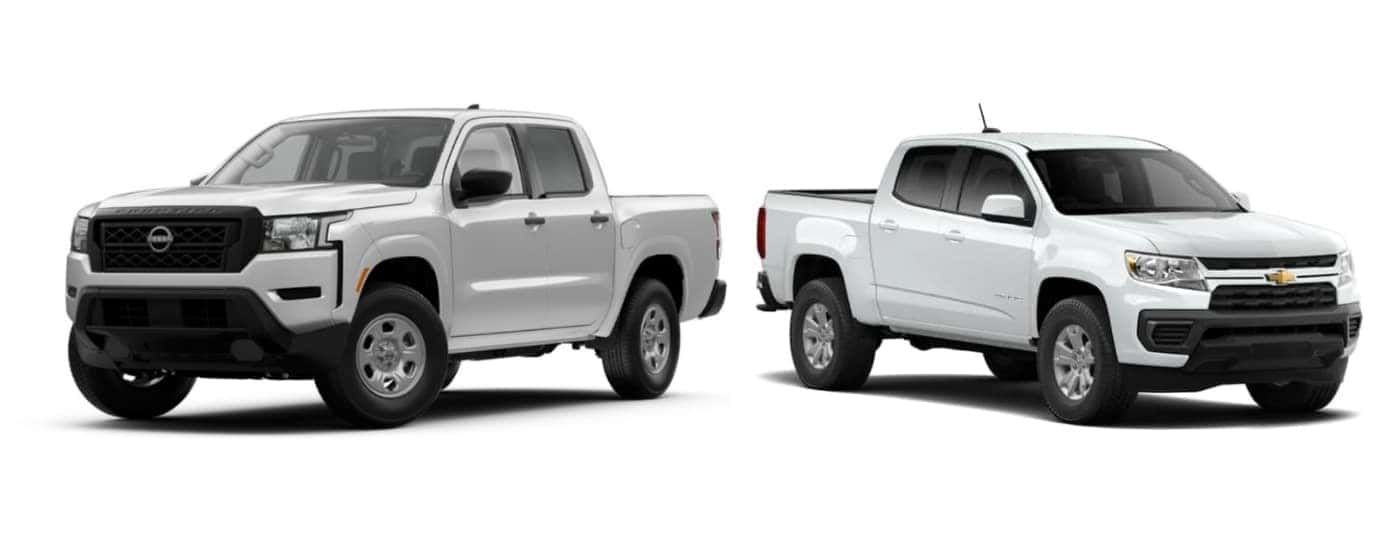 Grey 2022 Nissan Frontier angled left and white 2022 Chevy Colorado angled right