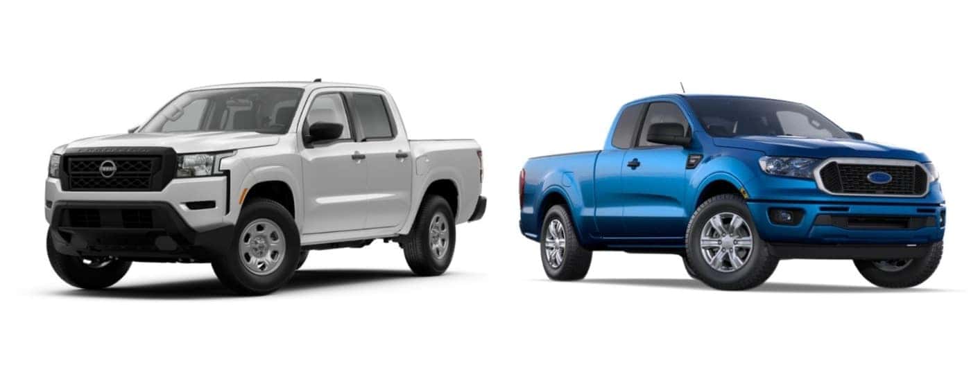 Grey 2022 Nissan Frontier angled left and blue 2022 Ford Ranger angled right