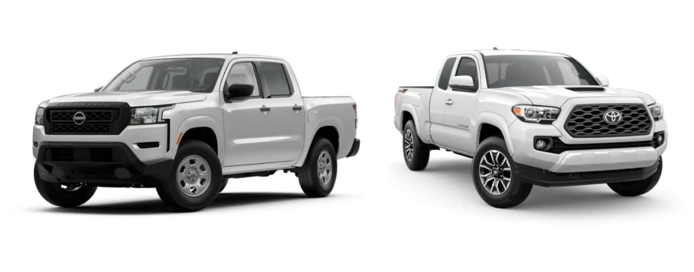 2022 Nissan Frontier angled left and white 2022 Toyota Tacoma angled right