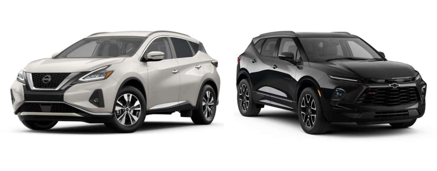 White 2022 Nissan Murano angled left and black 2022 Chevy Blazer angled right
