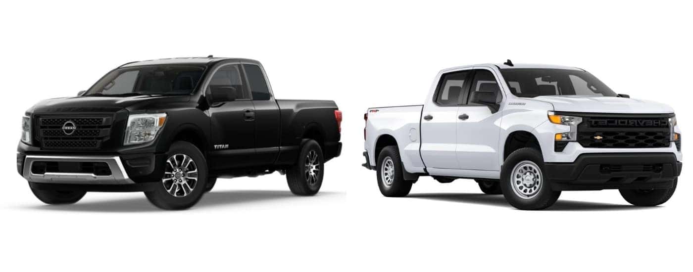 Black 2022 Nissan Titan angled left and white 2022 Chevy Silverado 1500 angled right