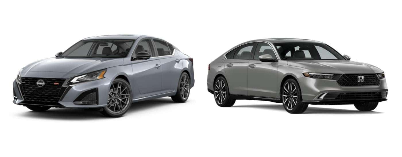 Grey 2023 Nissan Altima facing left and grey 2023 Honda Accord facing right