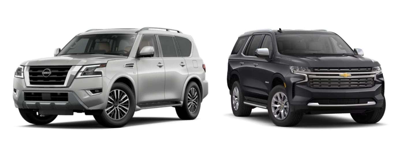 Silver 2023 Nissan Armada angled left and grey 2023 Chevy Tahoe andgled right