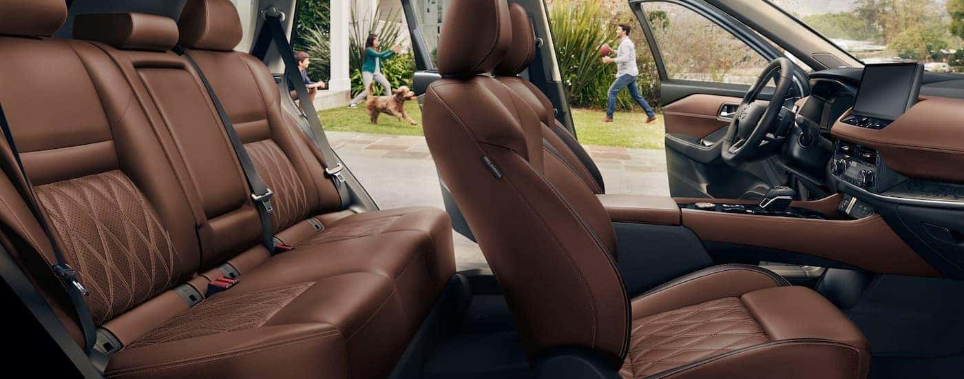 Brown leather interior of a 2026 Nissan Rogue