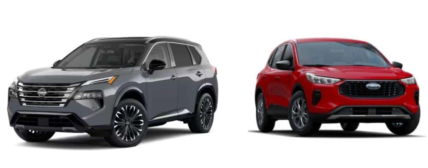 A gray 2026 Nissan Rogue vs a red 2026 Ford Escape