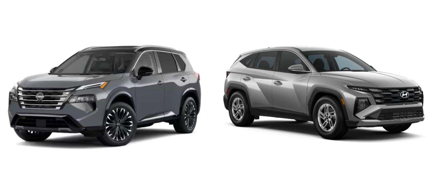 A gray 2026 Nissan Rogue vs a silver 2026 Hyundai Tucson.