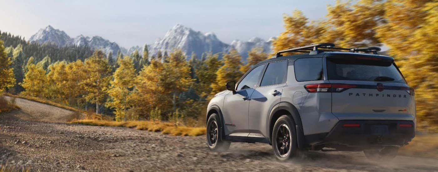 A gray 2026 Nissan Pathfinder driving offroad.