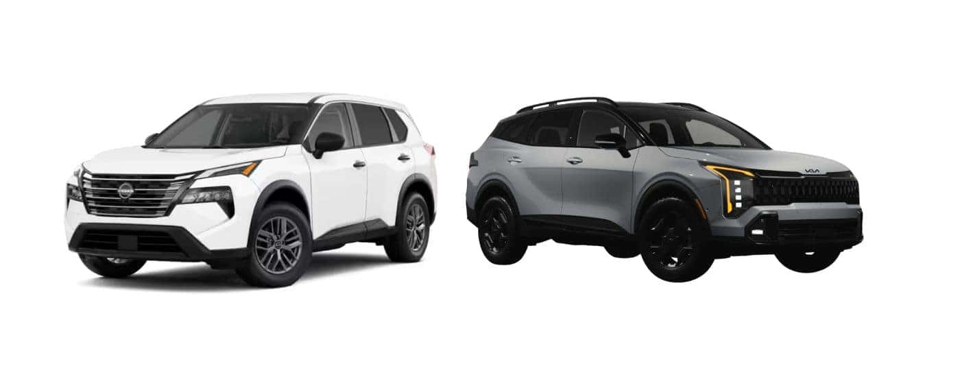 A white 2026.5 Nissan Rogue next to a gray 2026 Kia Sportage.