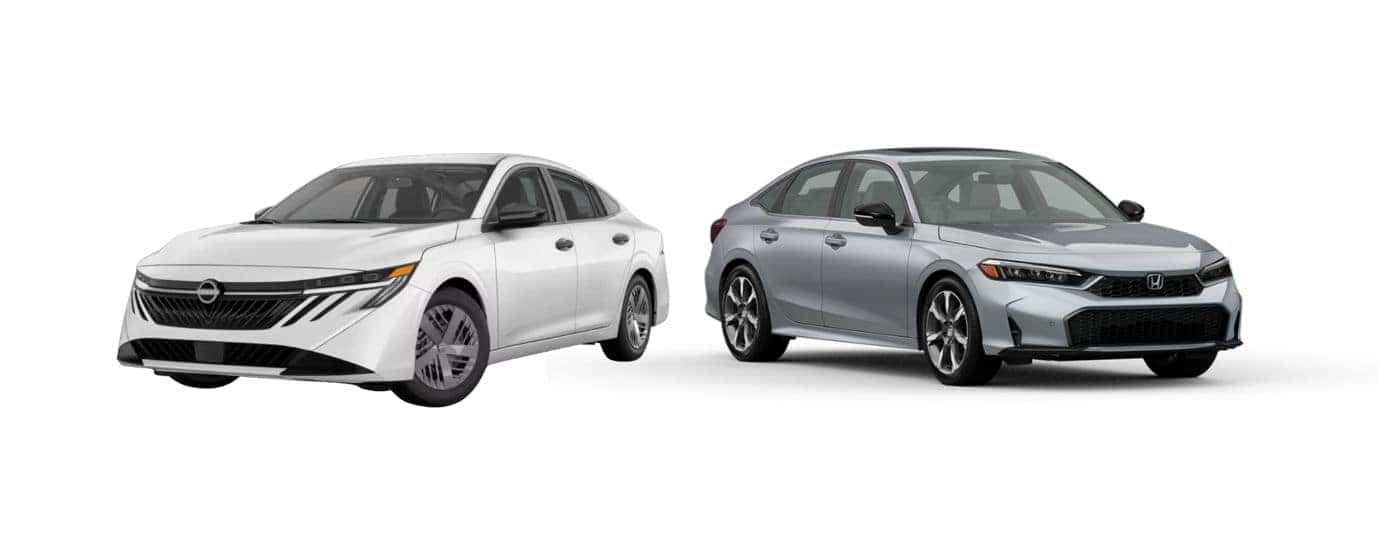 A white 2026 Nissan Sentra angled left and a silver 2026 Honda Civic angled right.