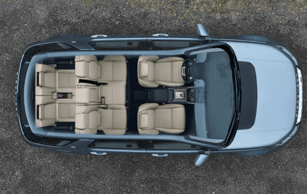 An overhead look at the 5+2 seating configuration in the 2021 Land Rover Discovery Sport.