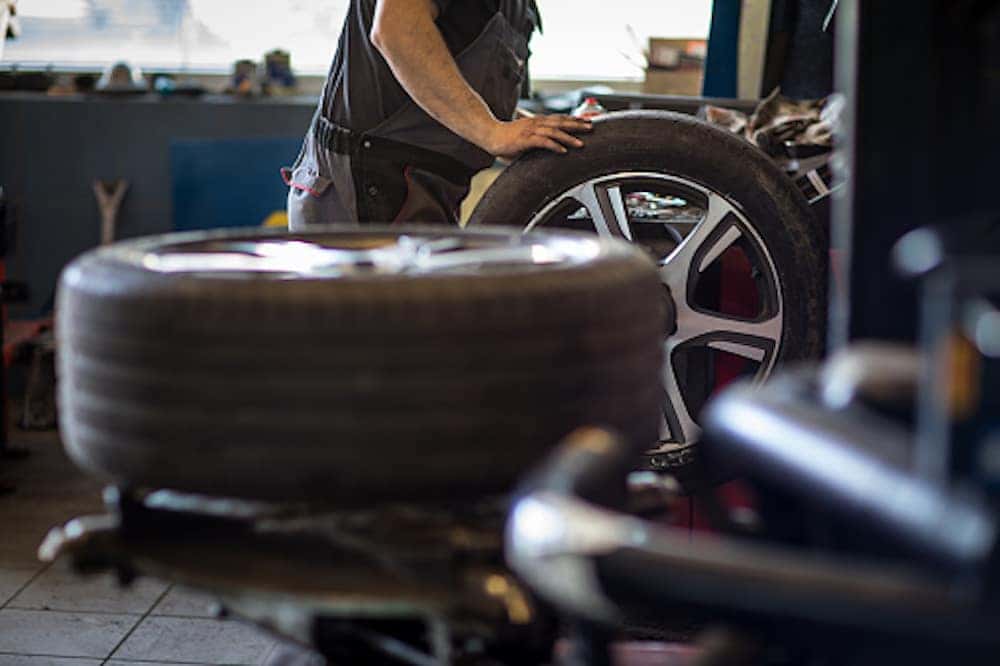 Close up of tire in service center