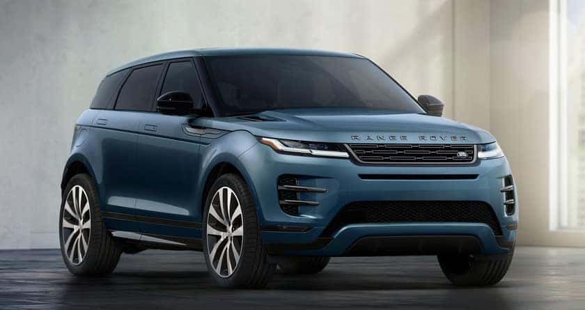A blue Range Rover Evoque parked indoors.