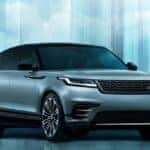 A light blue Range Rover Velar on display.