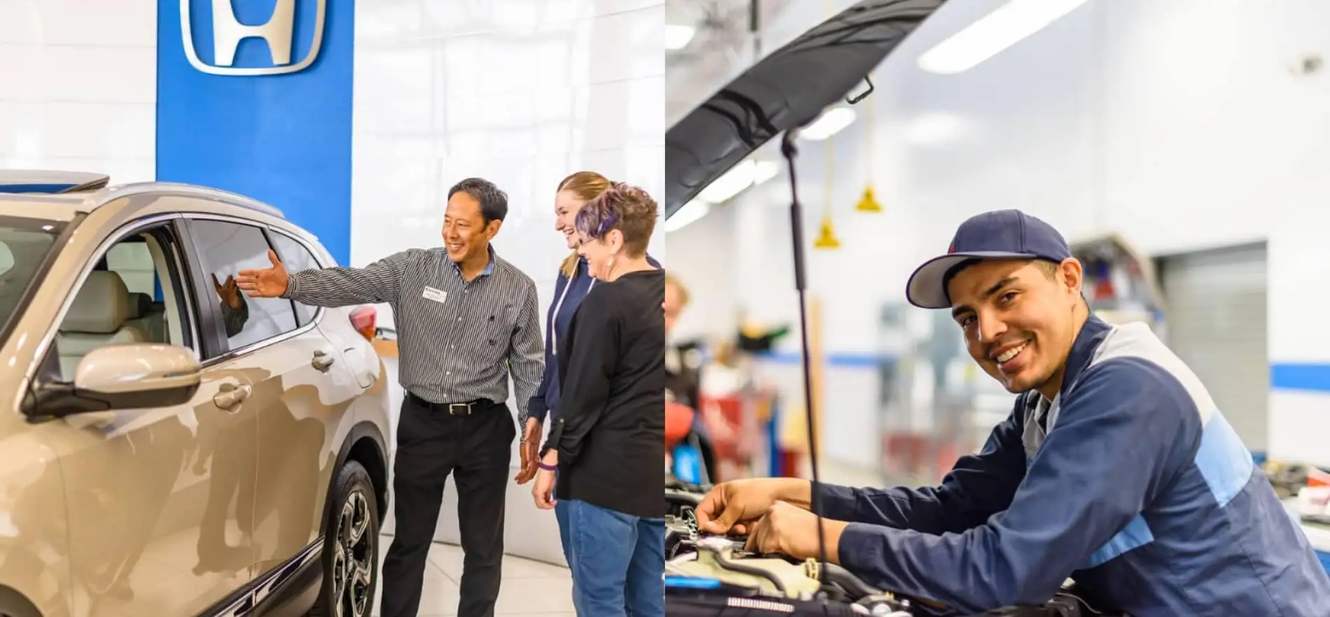 Honda dealer with customers. Honda service tech